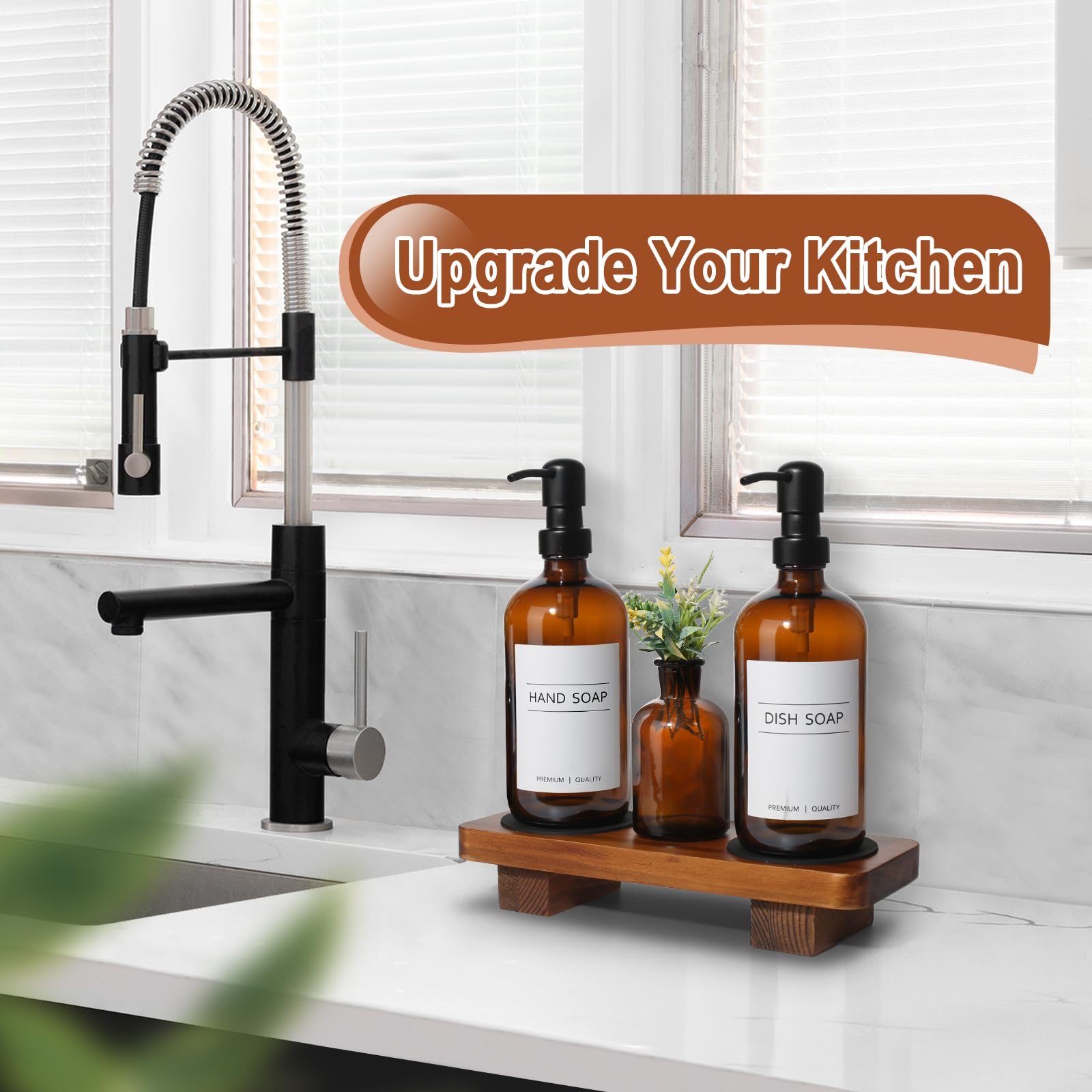 Kasunting dispensers in use at kitchen sink demonstrating easy soap dispensing convenience