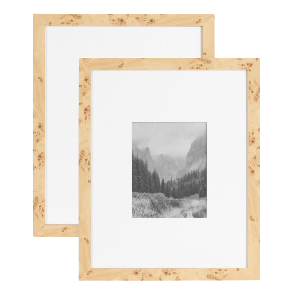 Kate and Laurel front view of faux burlwood frames showing natural finish and cohesive pair benefit
