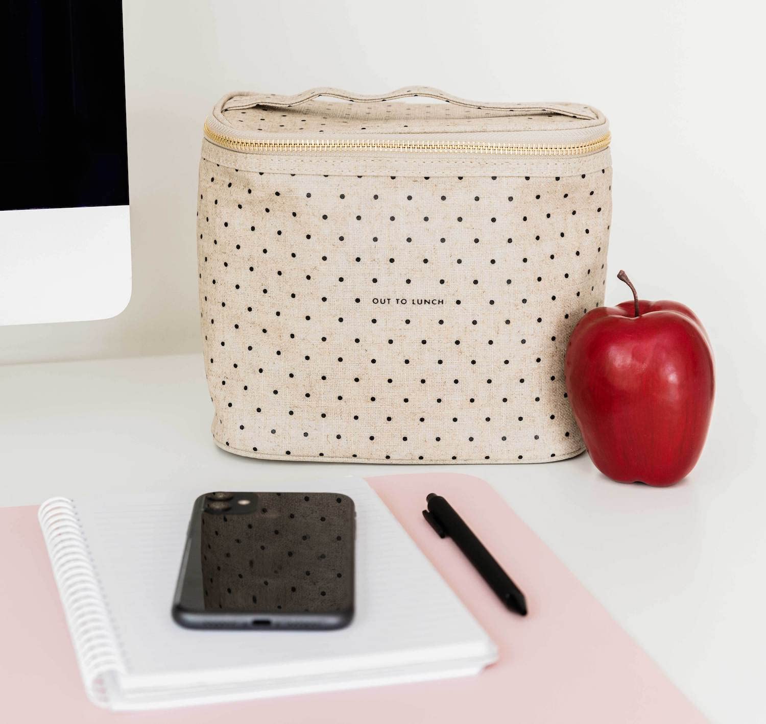 kate spade new york next to a water bottle showing compact capacity for a small meal