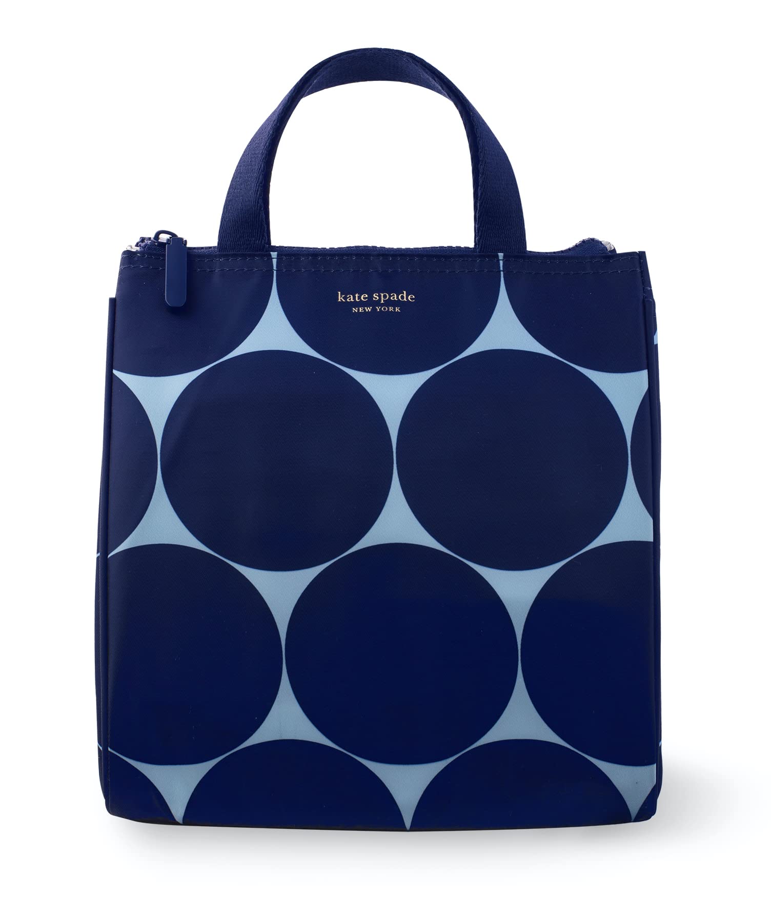kate spade new york front view of Joy Dot cooler showing polished exterior and compact shape for stylish carrying