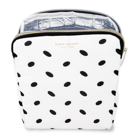 kate spade new york Almond Dot bag opened to show silver-lined insulated interior for freshness