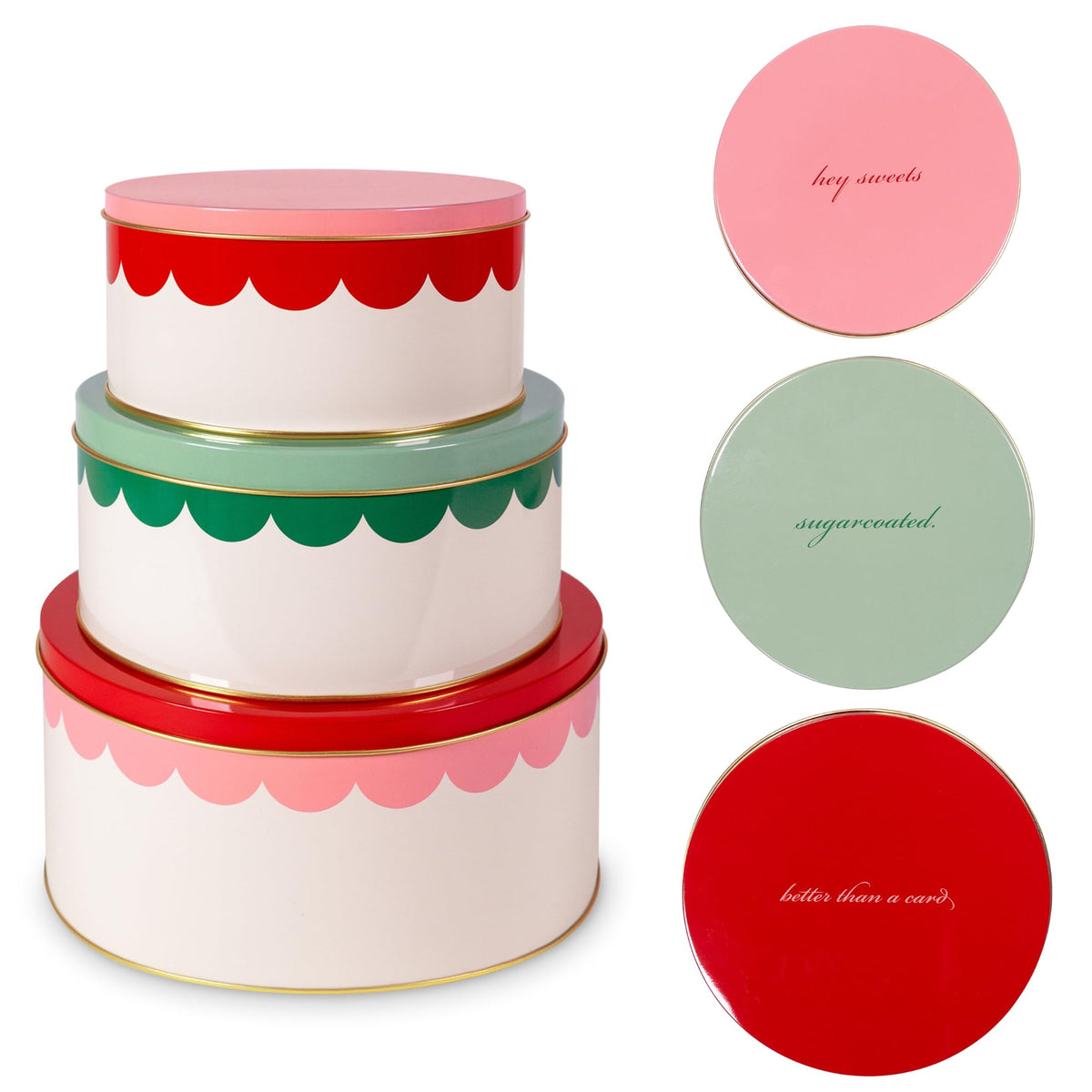 kate spade new york front view of three tins shows festive design and stylish storage benefit