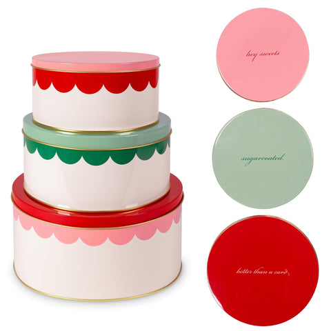 kate spade new york front view of three tins shows festive design and stylish storage benefit