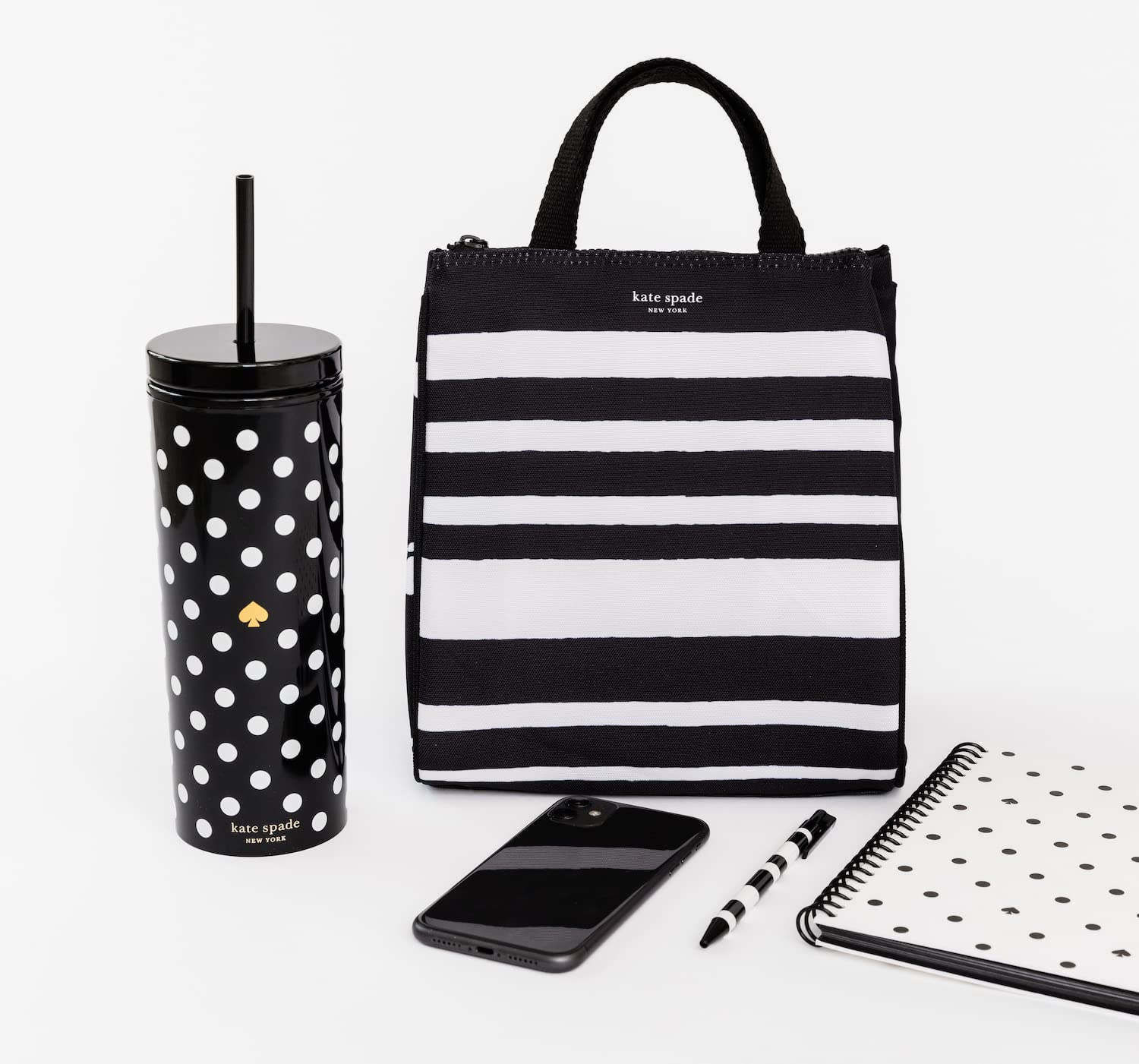 kate spade new york tote next to water bottle for size comparison and capacity