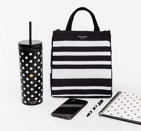 kate spade new york tote next to water bottle for size comparison and capacity