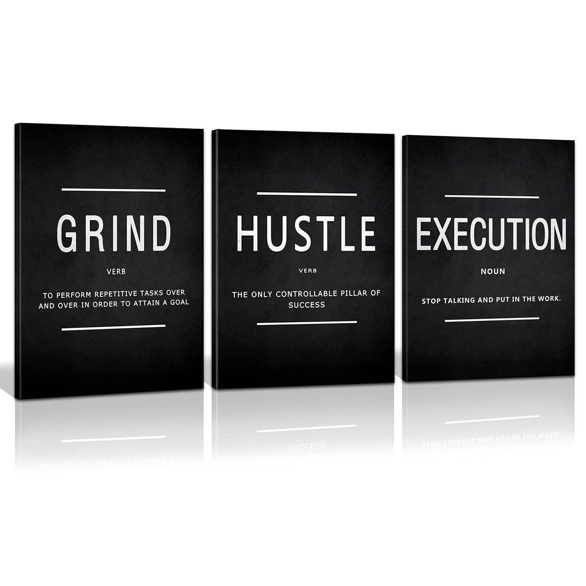 KAWAHONE front view of three-panel canvas showing bold motivational text and clean framing, creates focus