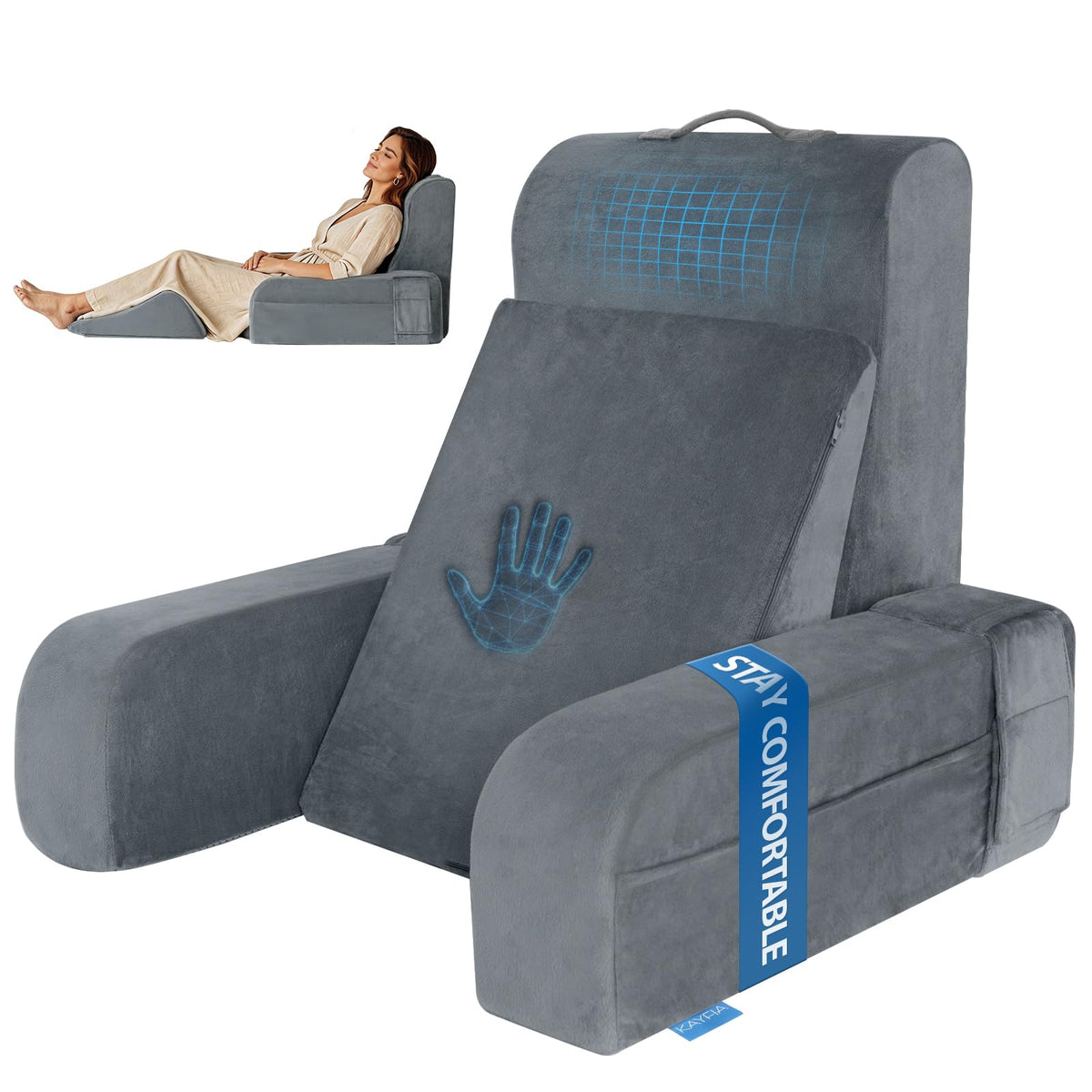 Kayfia front view of gray reading pillow showing full support and posture benefit