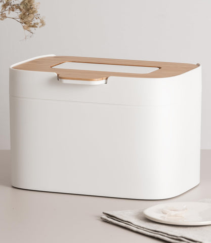 KAZAI Elin front view showing off-white body and bamboo lid, neat countertop storage benefit