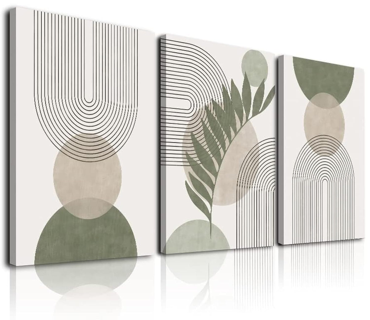 KBKBART front view of three sage green framed prints showing calm decor benefit