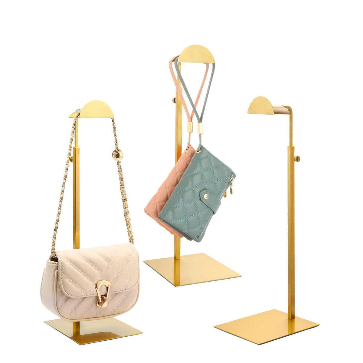 KDYZS+ front view of three gold purse display stands for polished merchandising