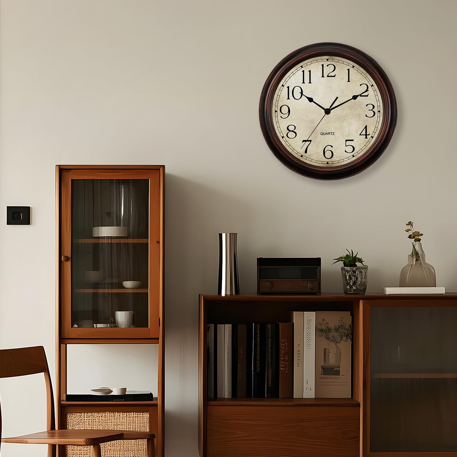 KECYET mounted on living room wall demonstrating silent operation and decorative appeal benefit
