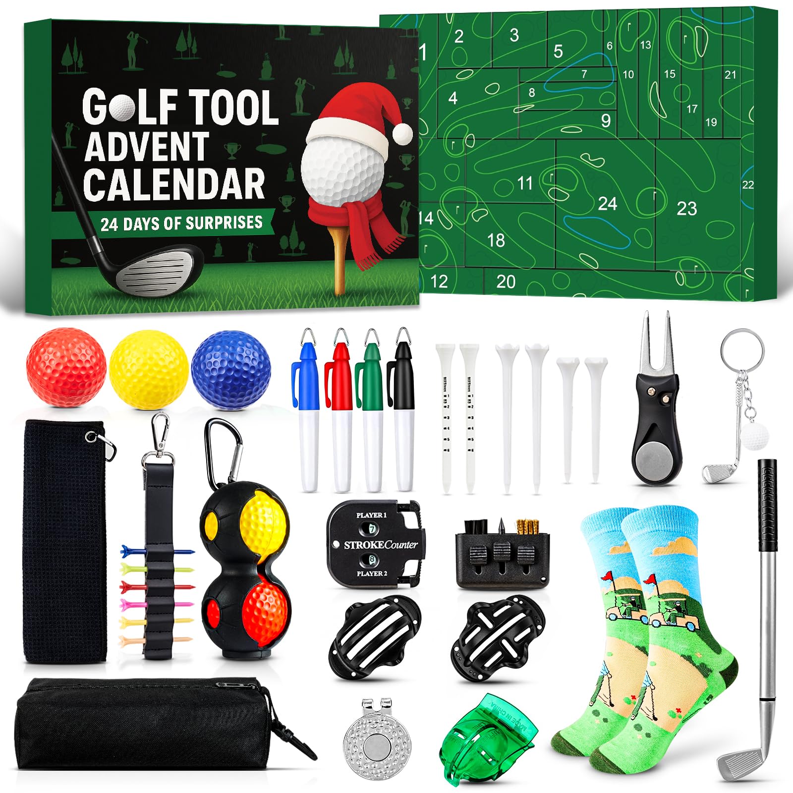 Kederwa front packaging showing 24-day golf countdown and festive design benefit excitement