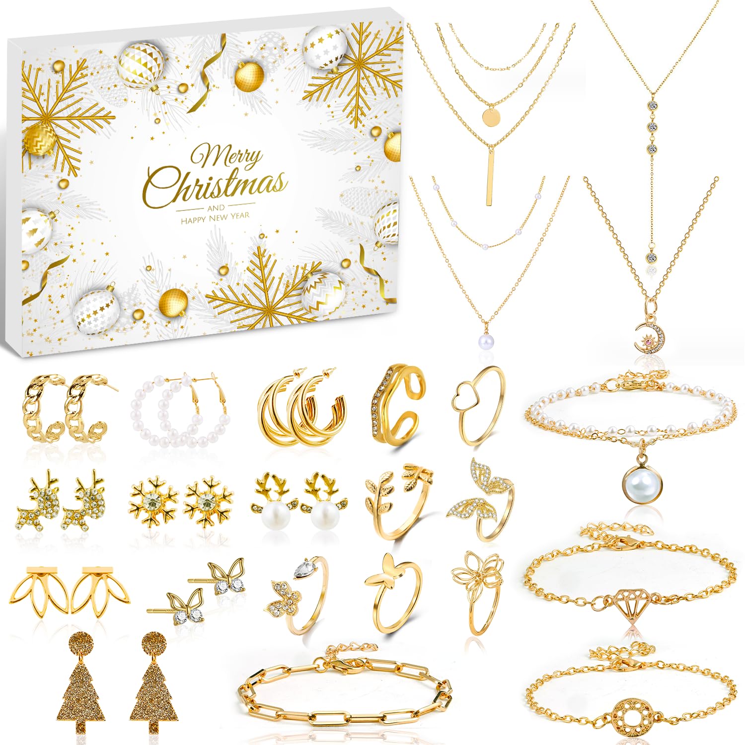 Kederwa front packaging of 24-day jewelry advent calendar showing numbered doors and gold-tone theme, perfect holiday gift