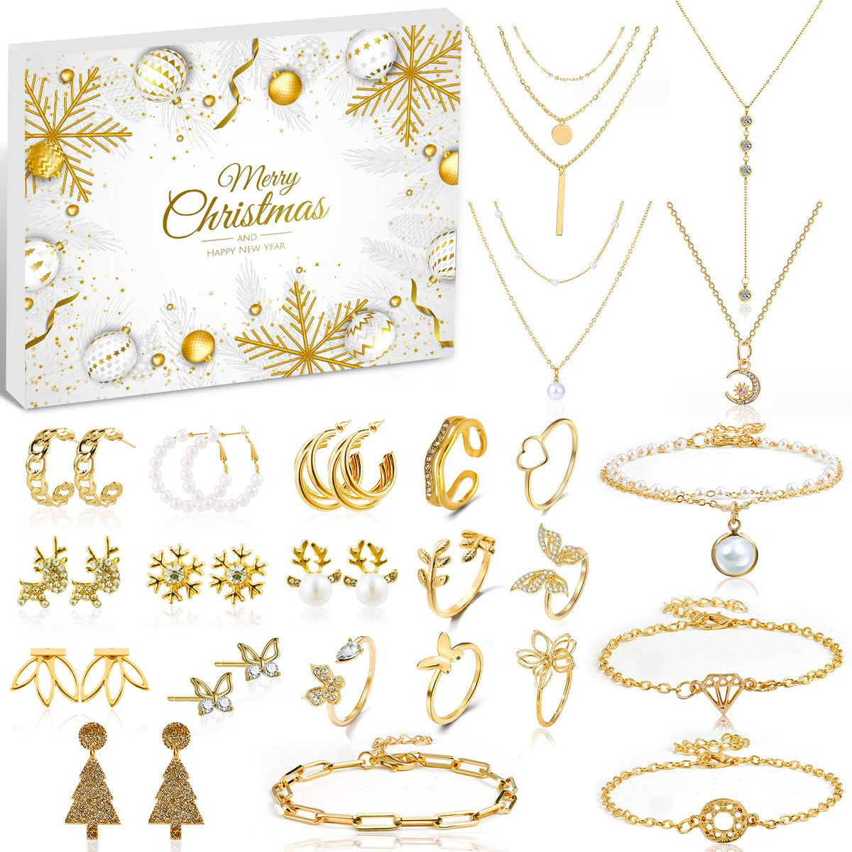 Kederwa front packaging of 24-day jewelry advent calendar showing numbered doors and gold-tone theme, perfect holiday gift