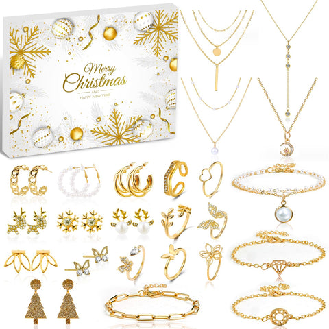 Kederwa front packaging of 24-day jewelry advent calendar showing numbered doors and gold-tone theme, perfect holiday gift