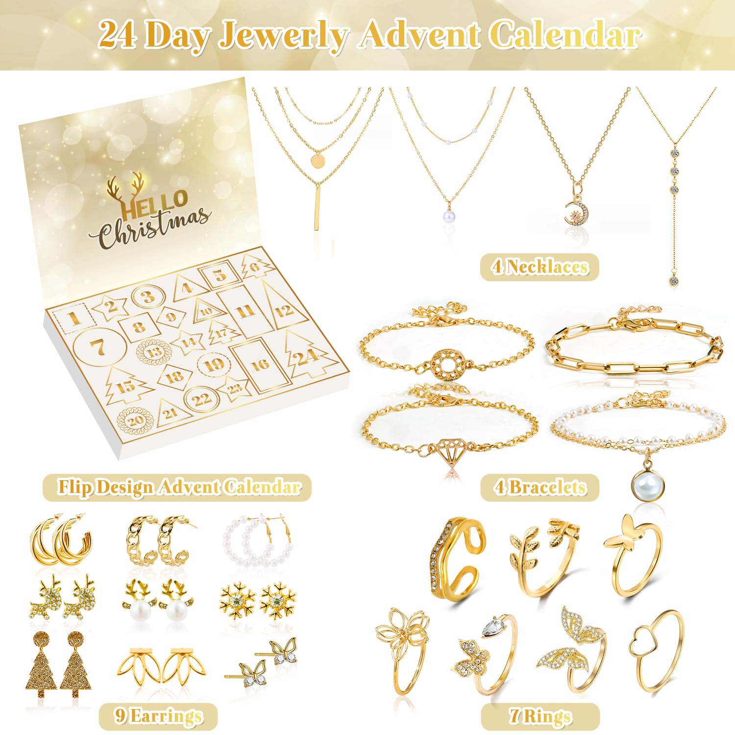 Kederwa open calendar flatlay revealing varied necklaces, bracelets, earrings and rings, ideal for daily surprises