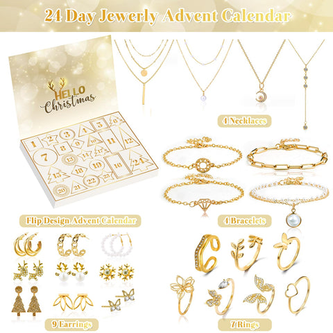 Kederwa open calendar flatlay revealing varied necklaces, bracelets, earrings and rings, ideal for daily surprises
