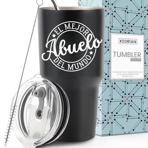 KEDRIAN tumbler front view showing El Mejor Abuelo Del Mundo and gift-ready benefit