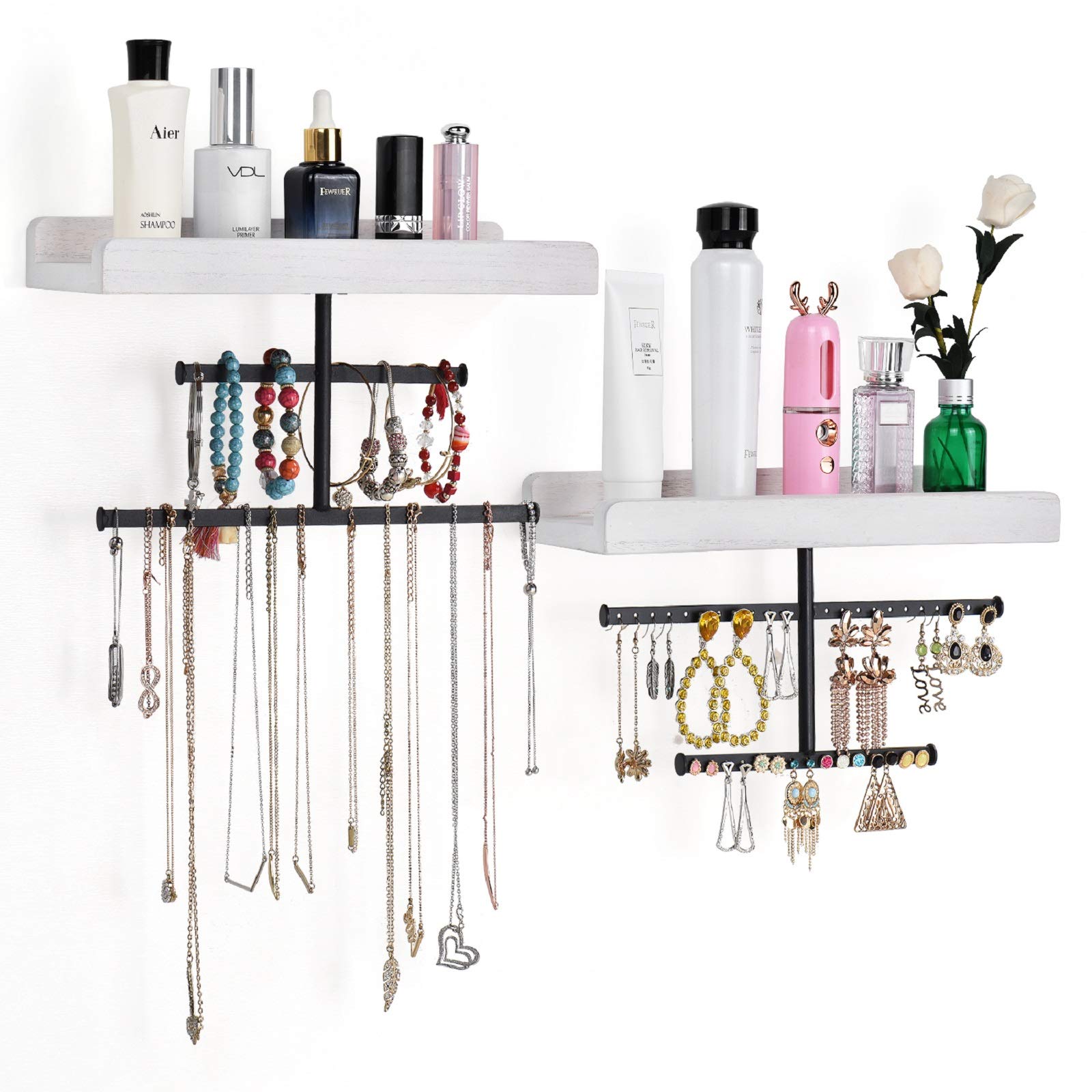 Keebofly front view of two-piece wall jewelry organizer showing white frame and rustic wood ledge, promotes neat display