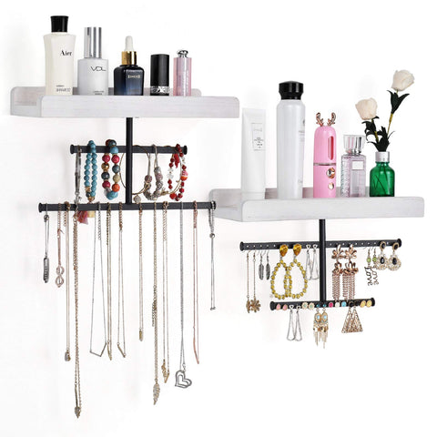 Keebofly front view of two-piece wall jewelry organizer showing white frame and rustic wood ledge, promotes neat display