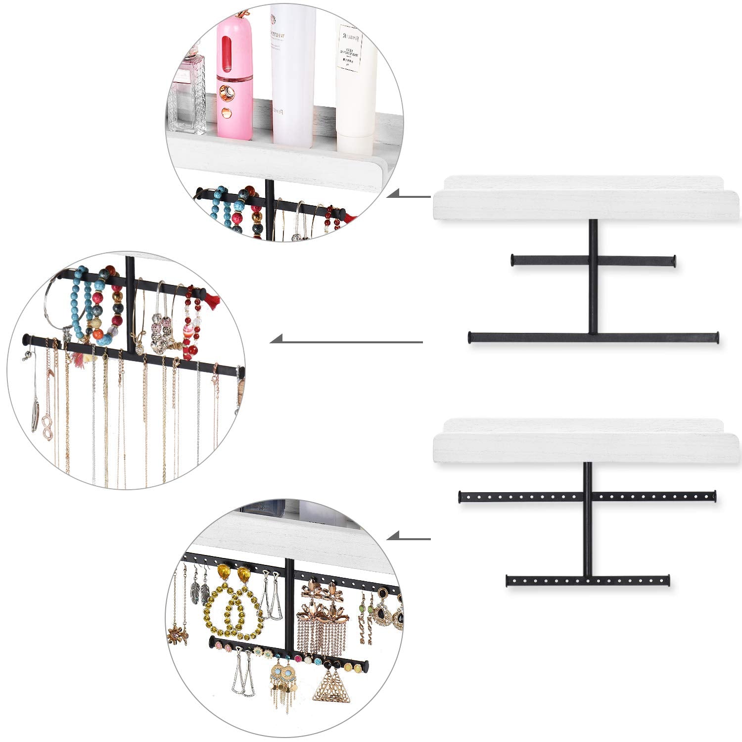 Keebofly detail of necklace pegs with several chains hanging, prevents tangles and easy access