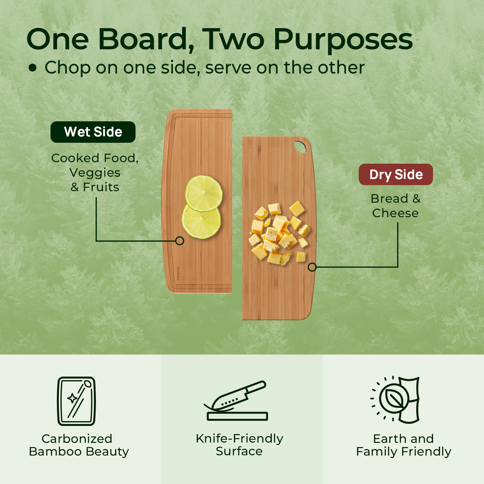 keechee dual-sided board showing prep and serving faces, versatile use