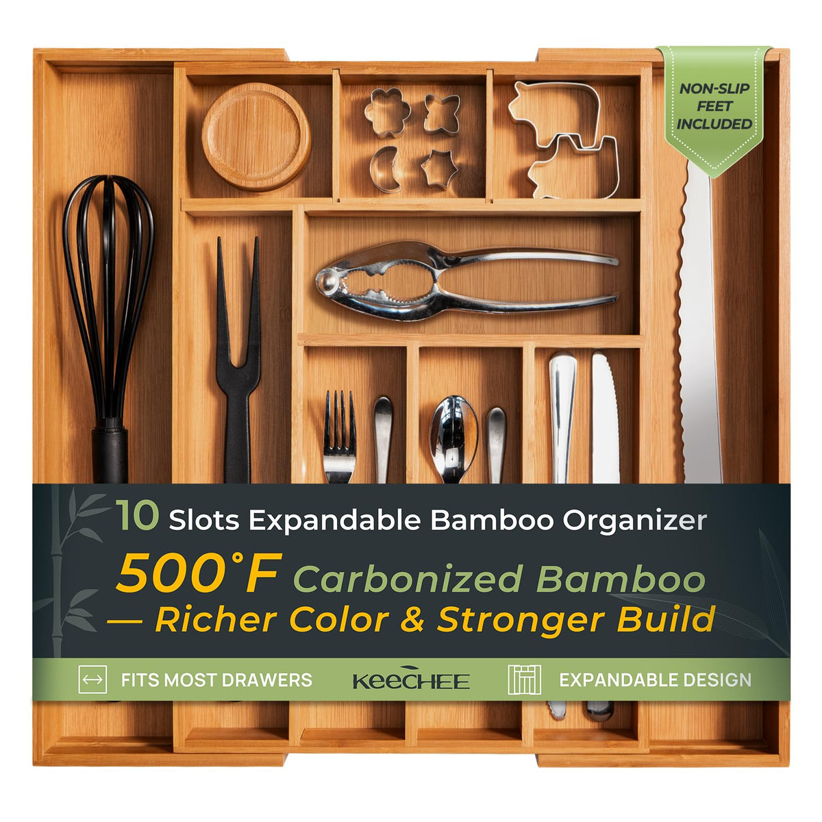 keechee front view of bamboo organizer highlights neat storage benefit