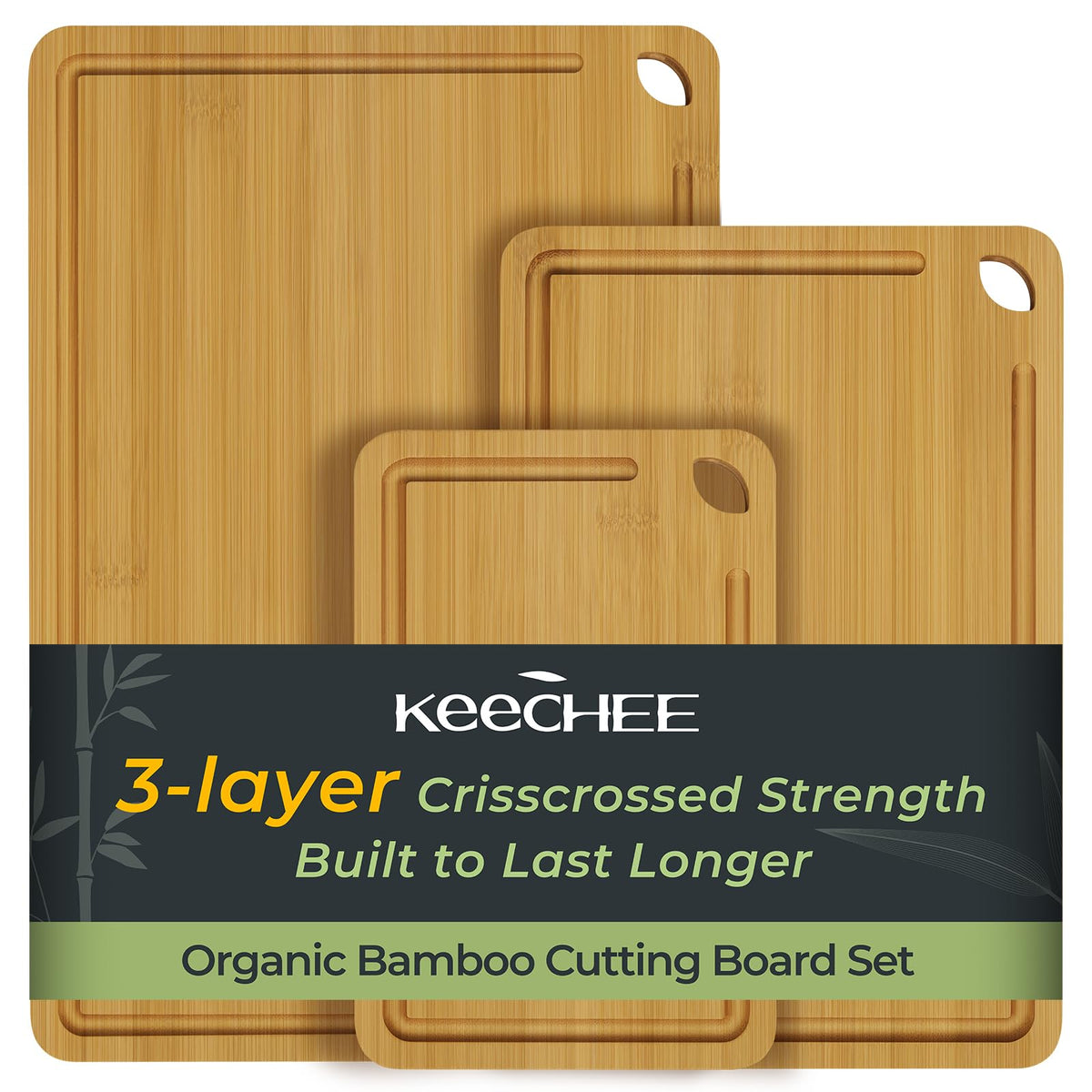 keechee front view of three bamboo boards showing sizes and durable finish