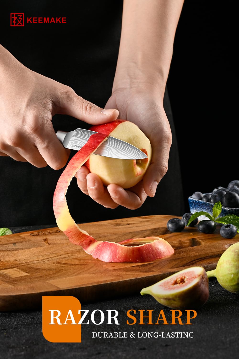 KEEMAKE pakkawood handle detail showing ergonomic contour for steady grip and comfort