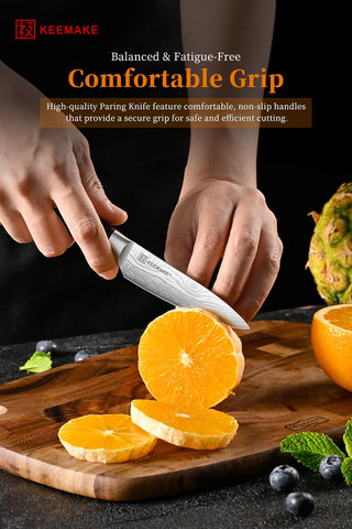 KEEMAKE paring knife in use peeling an apple demonstrating precise, waste-reducing control