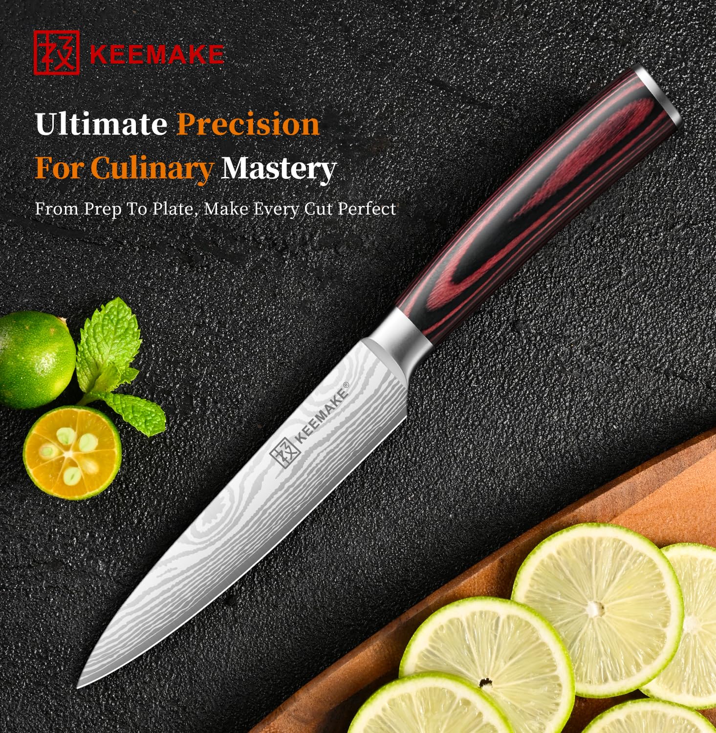 KEEMAKE knife close-up of blade edge highlighting sharpness and clean slices