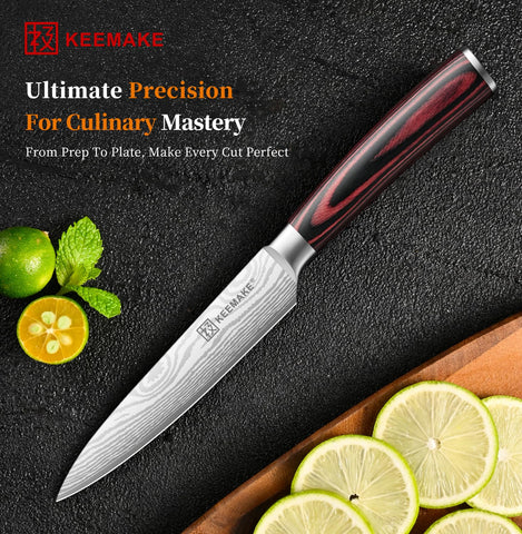 KEEMAKE knife close-up of blade edge highlighting sharpness and clean slices