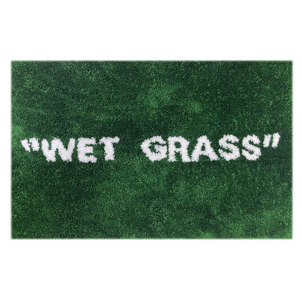 KEEP OFF front view of green wet grass rug shows bold design and soft texture
