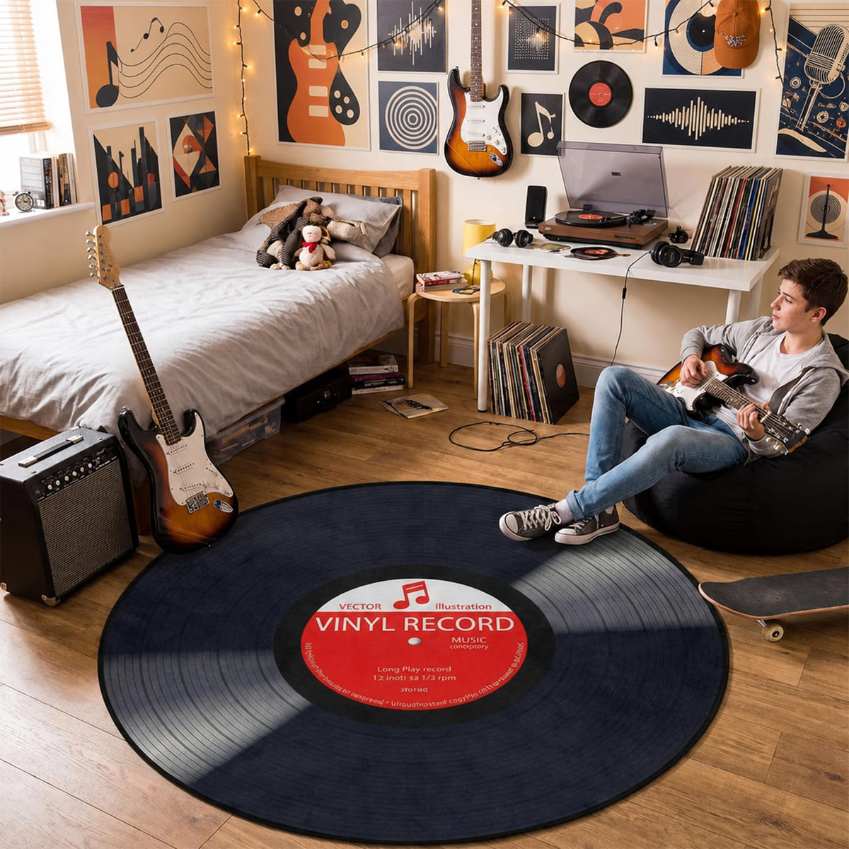 keepcute front view of vinyl record rug showing retro design and cozy appeal