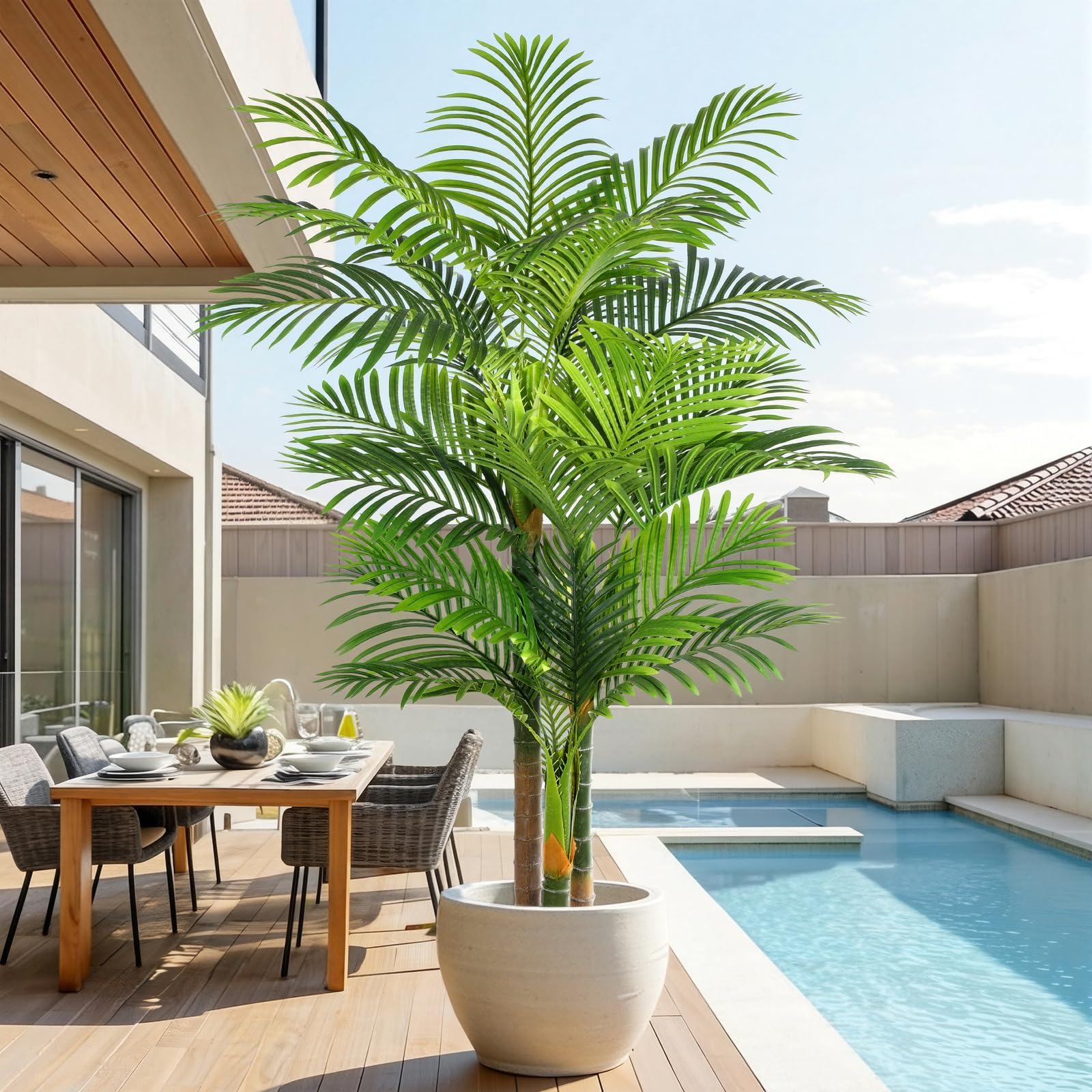 Keeplush front view of full 6ft triple cane palm showing tropical decor benefit