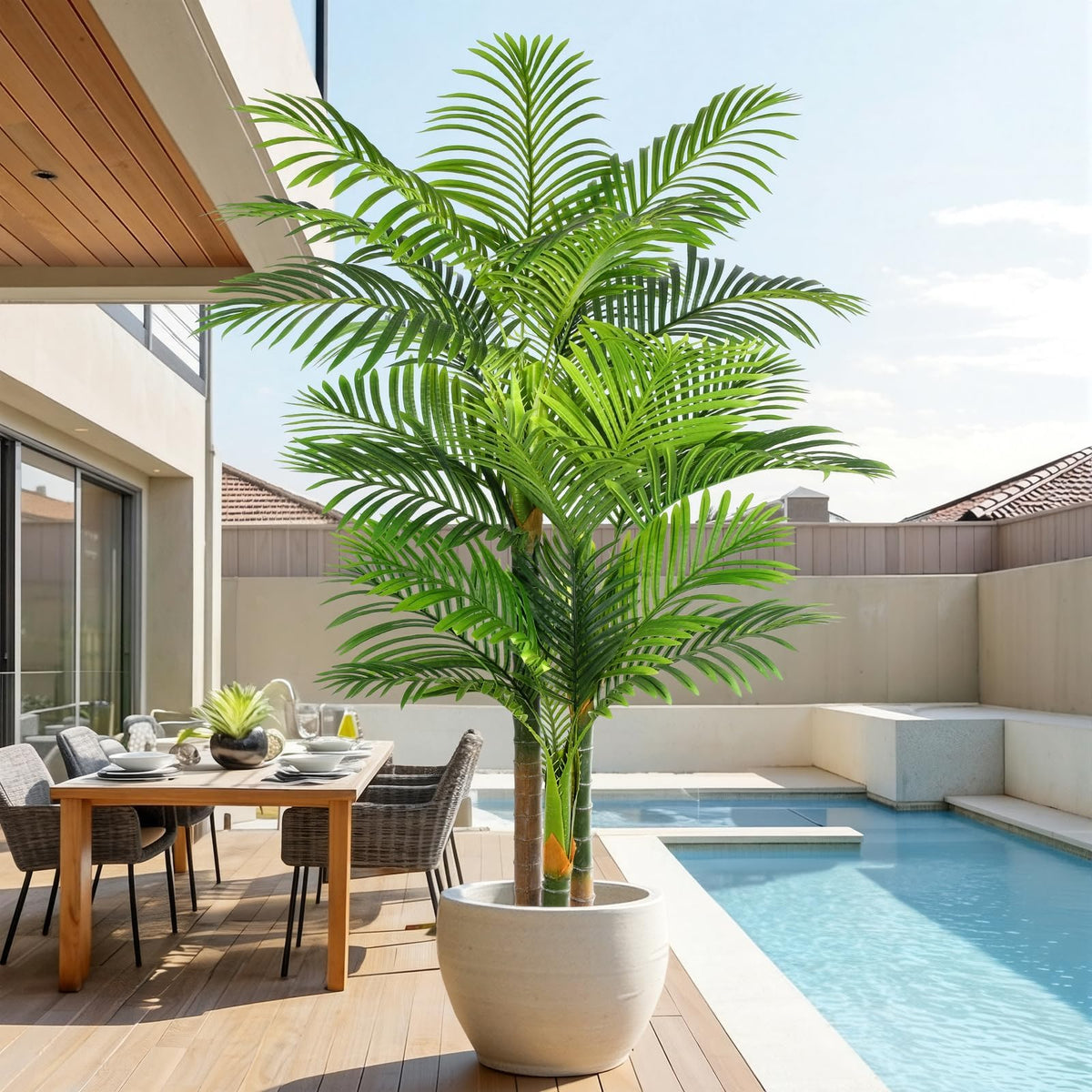 Keeplush front view of full 6ft triple cane palm showing tropical decor benefit