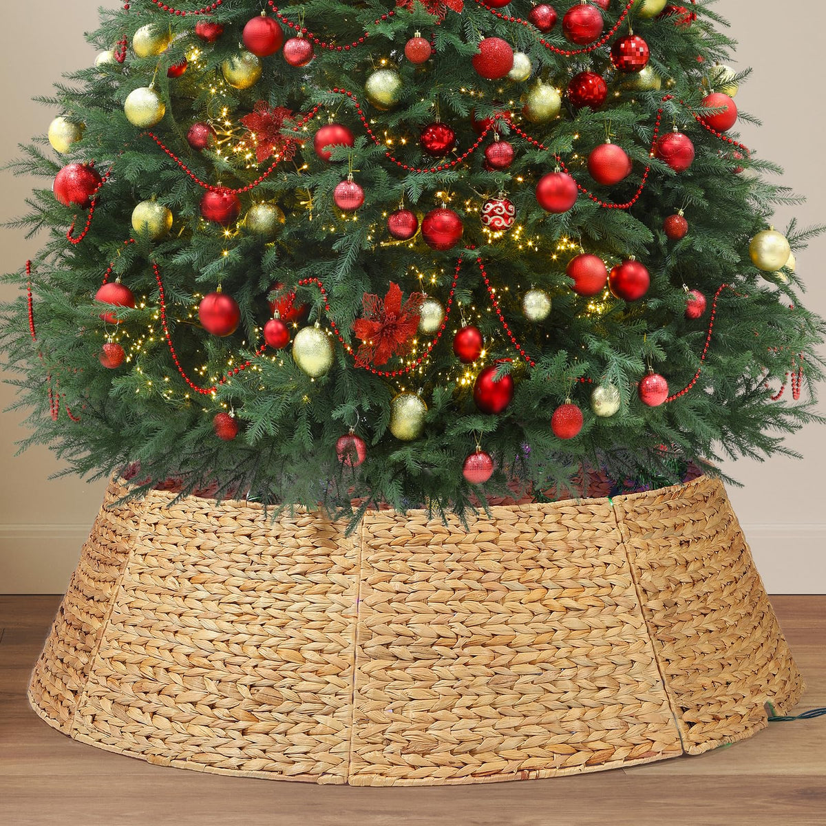 Keeric hyacinth tree collar front view, hides stand and adds rustic charm