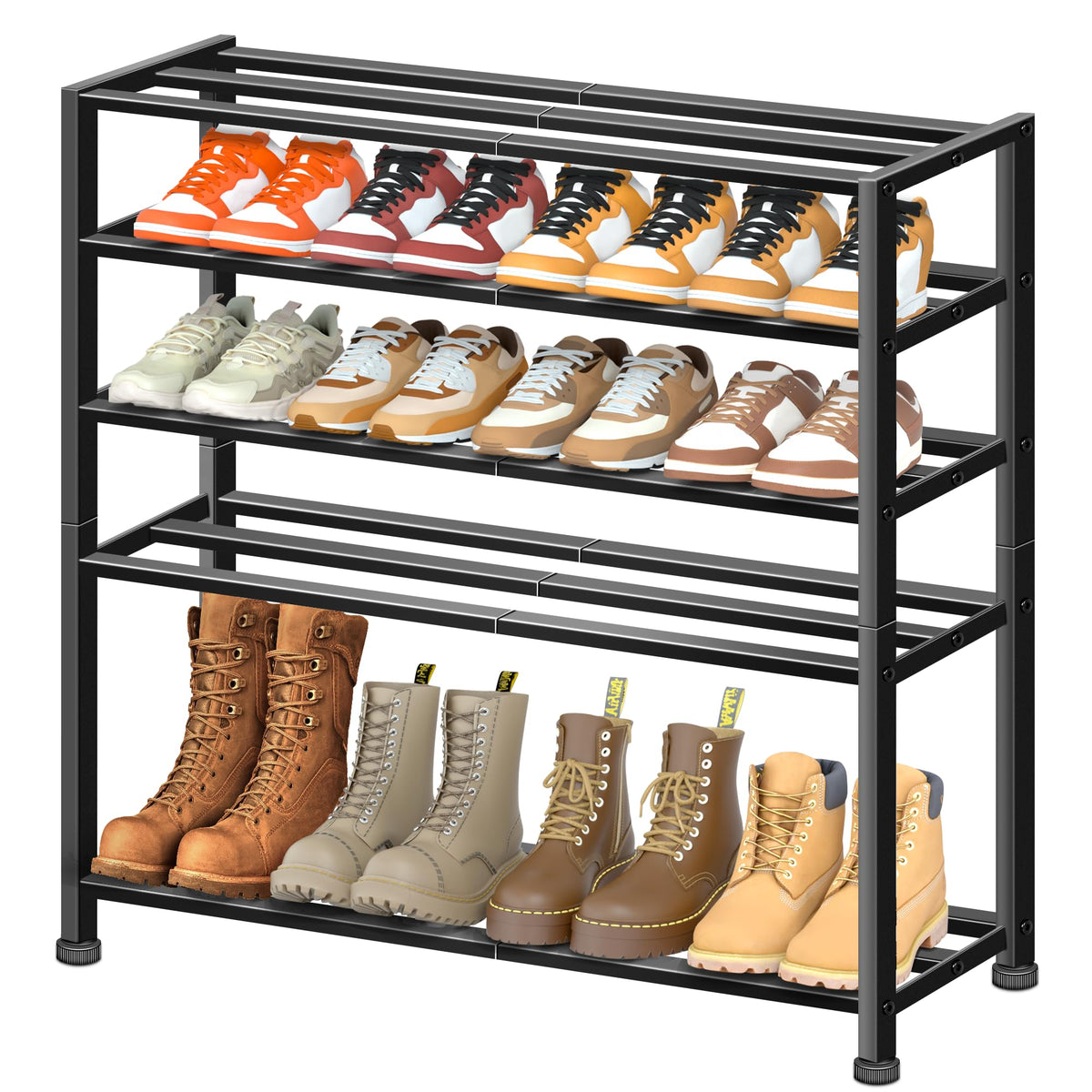 KEETDY front view of assembled shoe rack showing organized pairs, saves floor space