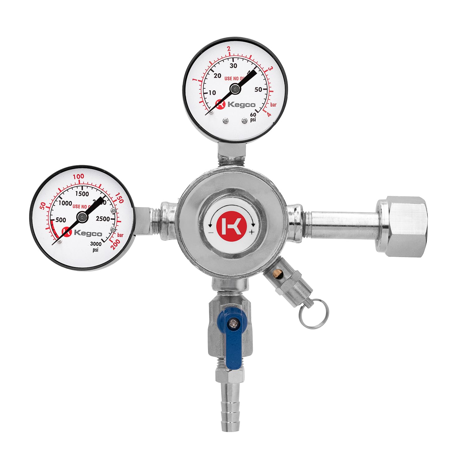 Kegco front view showing chrome regulator and dual gauges for reliable pressure control
