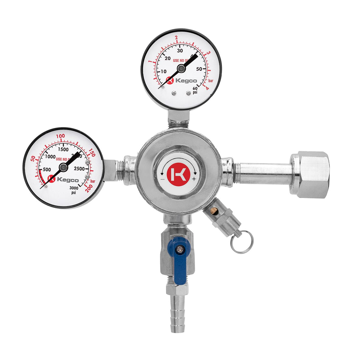 Kegco front view showing chrome regulator and dual gauges for reliable pressure control