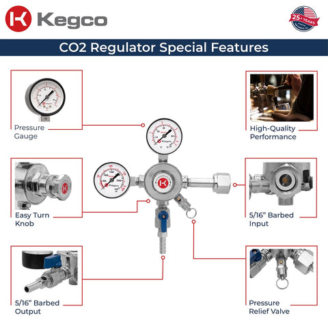 Kegco dual pressure gauges close-up showing clear readings for keg and tank monitoring