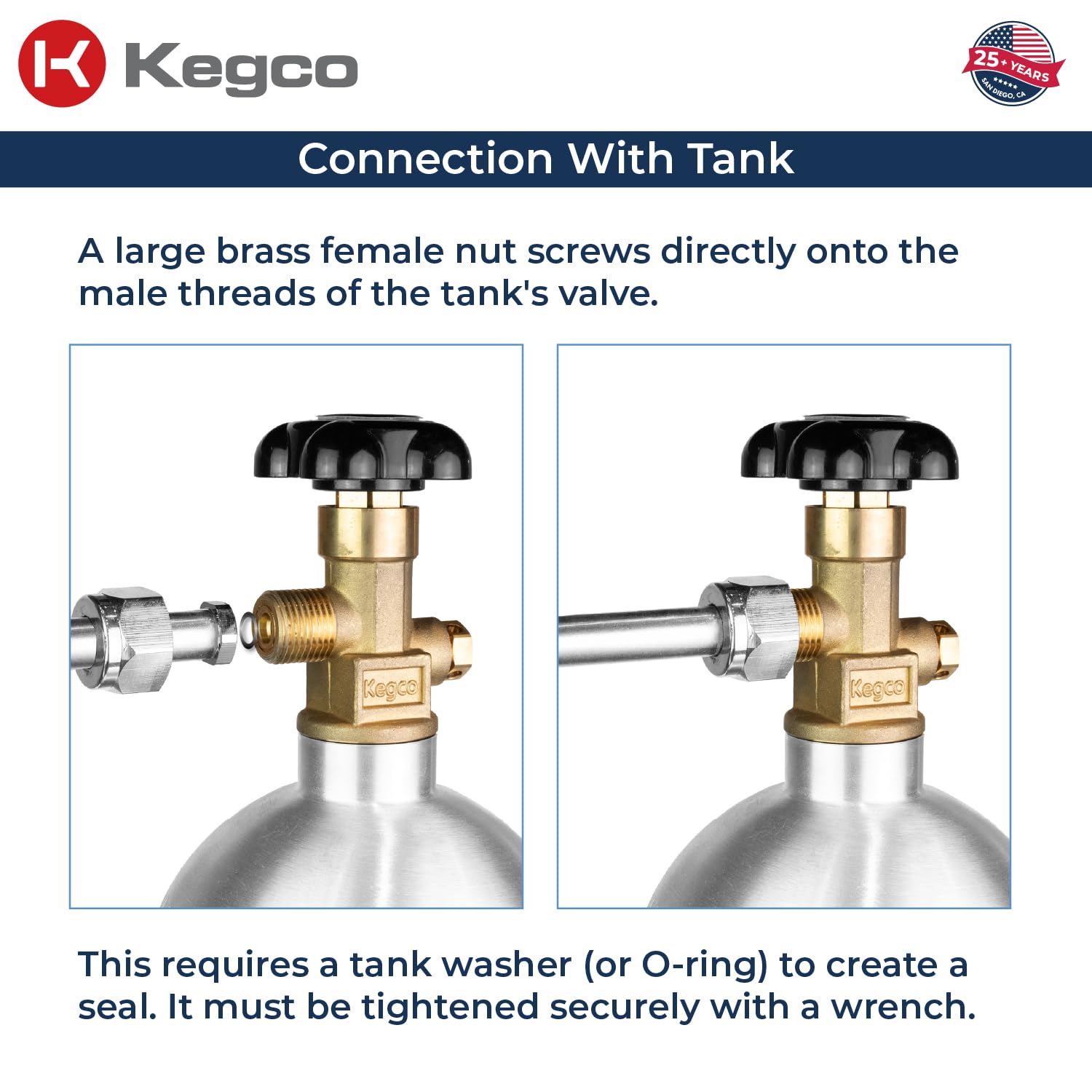 Kegco regulator held in hand for scale showing compact, service-friendly size advantage