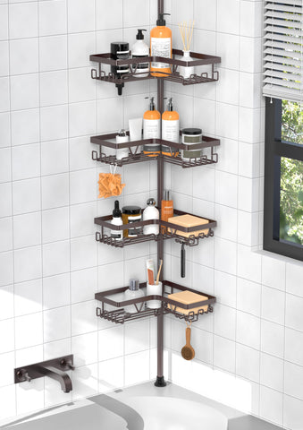 KEGII bronze corner caddy front view showing organized toiletries and easy access