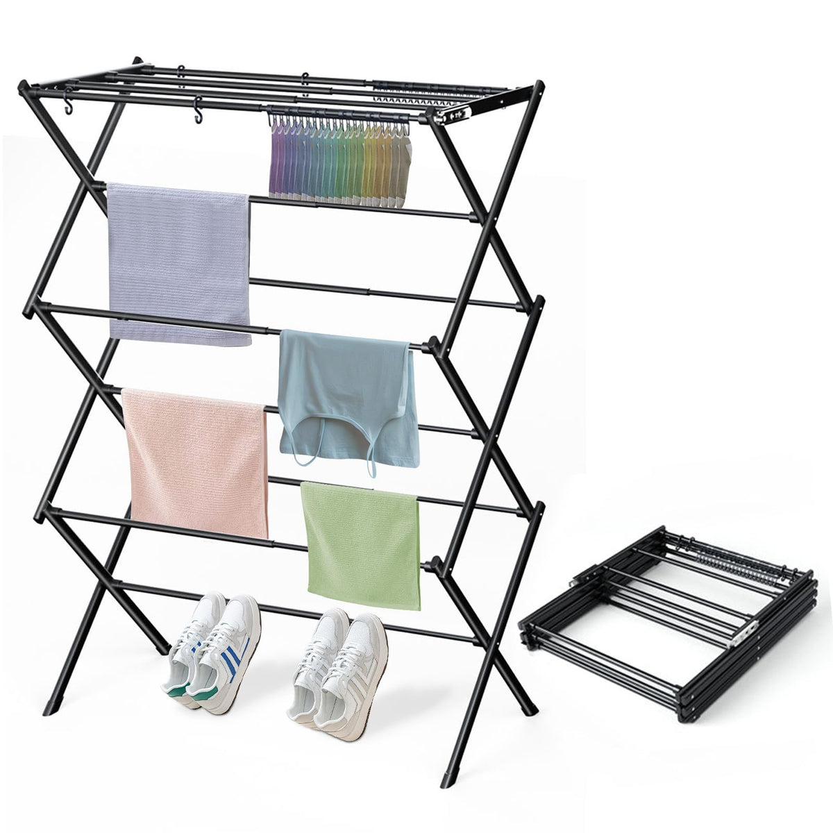 KeingGcopr front view of black foldable drying rack showing full layout and capacity