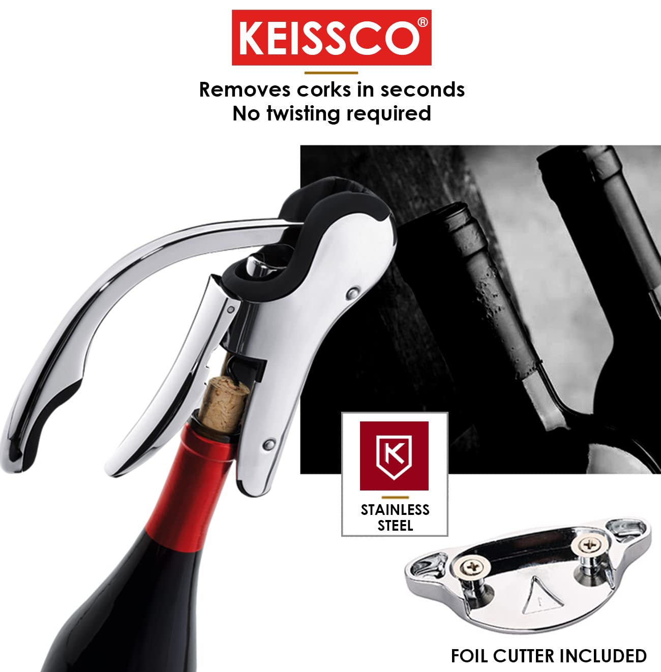 KEISSCO opener in use removing cork quickly for effortless wine service