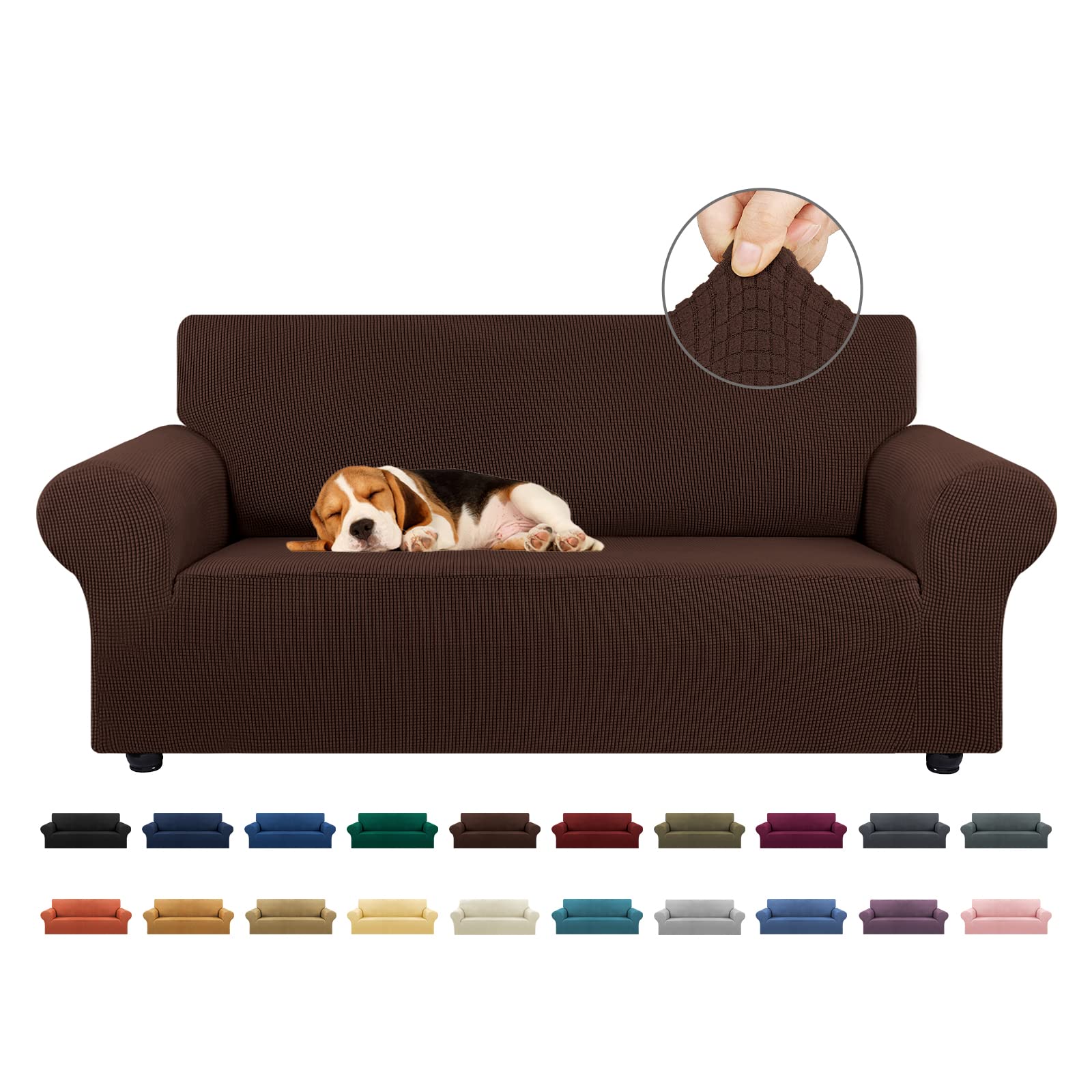 KEKUOU front view of chocolate loveseat cover showing neat tailored fit and upgraded look
