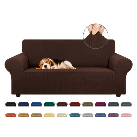 KEKUOU front view of chocolate loveseat cover showing neat tailored fit and upgraded look