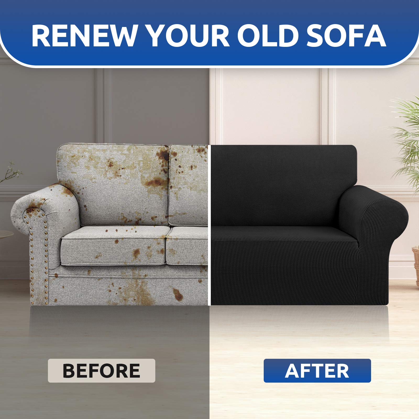 KEKUOU size comparison with measuring tape showing fit for 94"–110" sofas