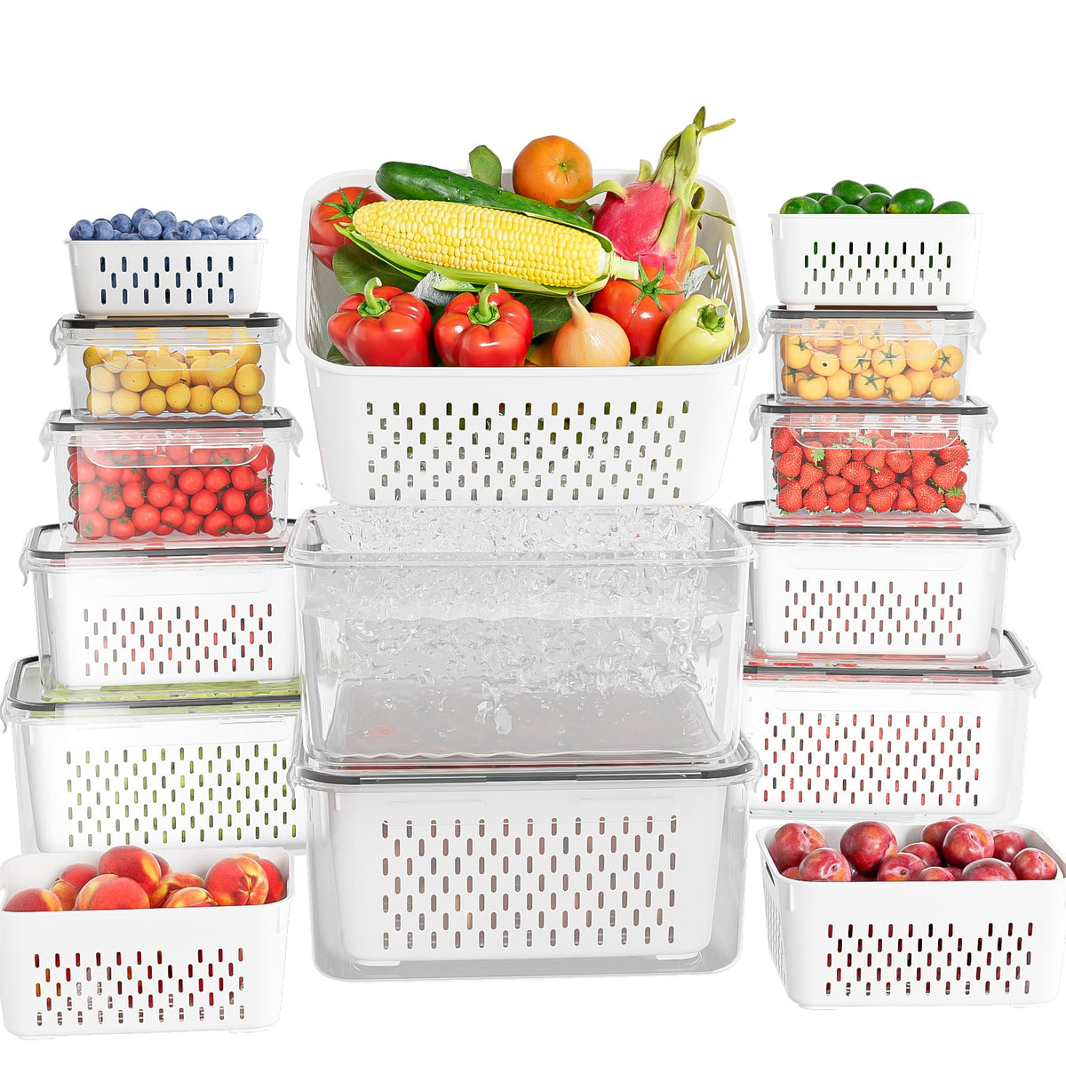 KEMETHY front view of 10-pack fridge storage set showing clear containers and lids for organized freshness