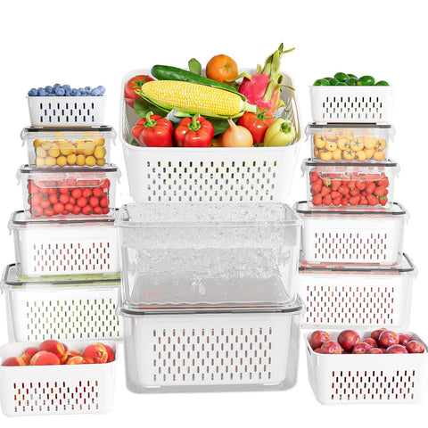 KEMETHY front view of 10-pack fridge storage set showing clear containers and lids for organized freshness